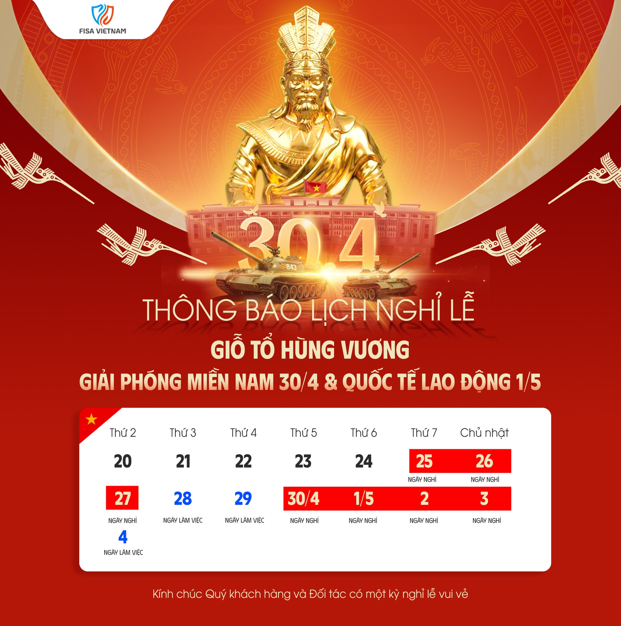 Thông báo lịch nghỉ lễ Giỗ Tổ Hùng Vương, 30/4 – 01/5 năm 2026